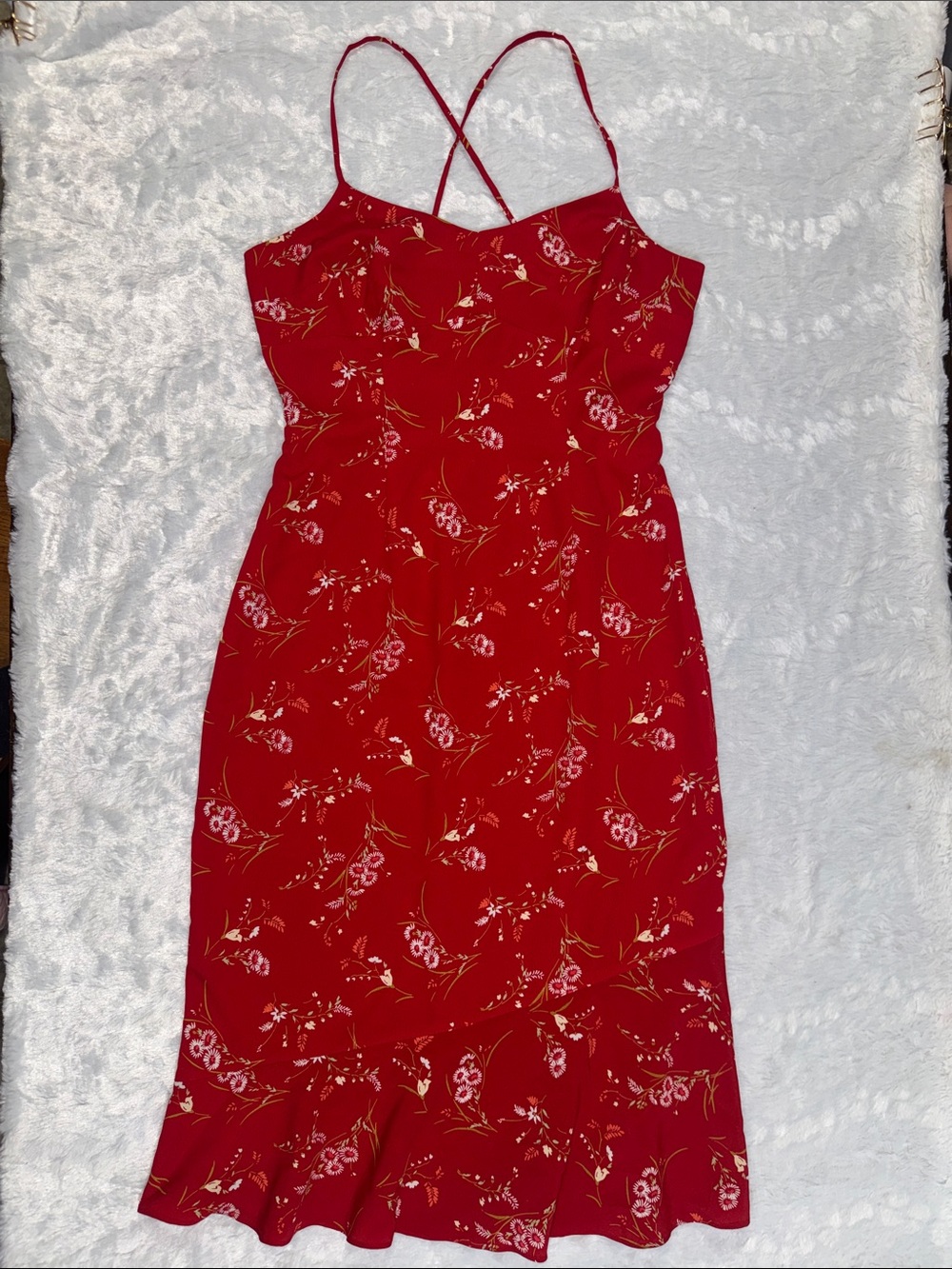 Express World Brand Red Floral Spaghetti-Strap Midi Dress
